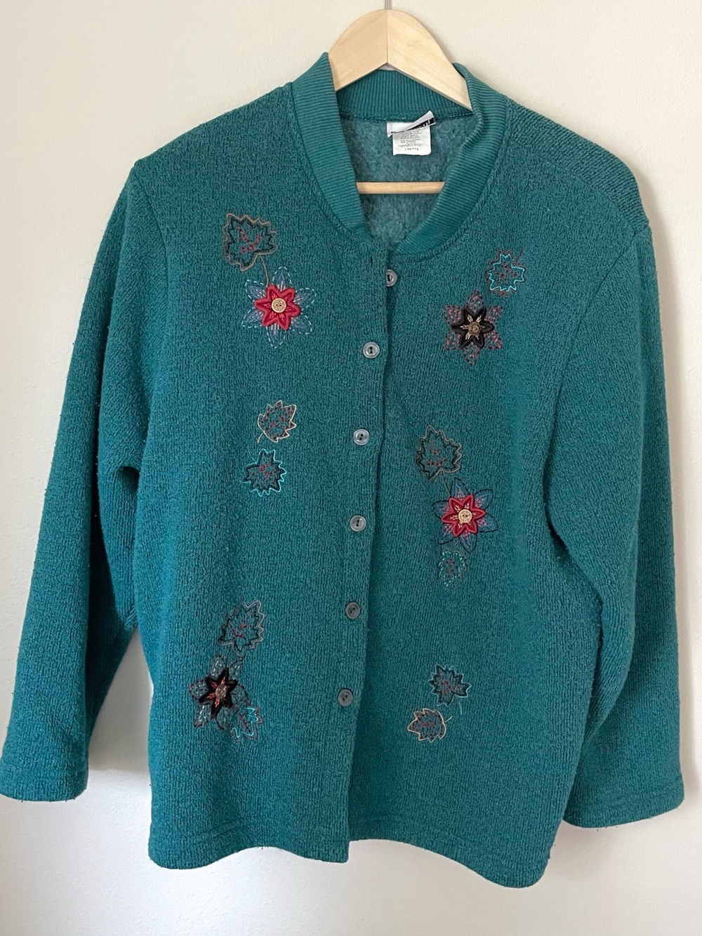 BonWorth - Teal Floral Embroidered Cardigan Sweater -  Size L Petite